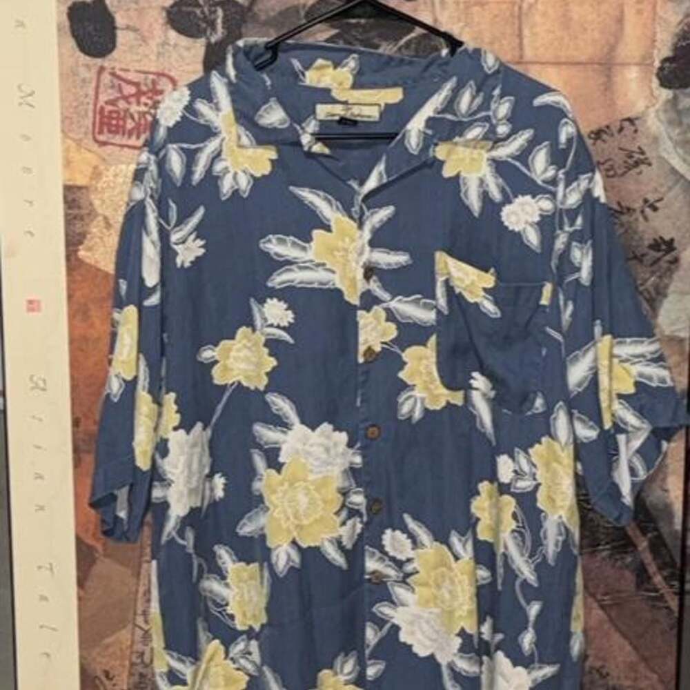 Tommy Bahama Blue Silk Floral Tropical Camp Shirt XL